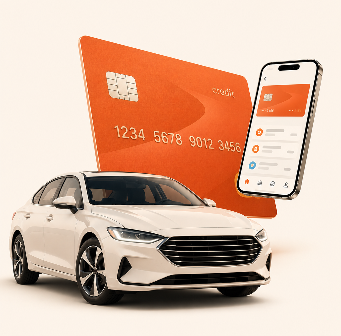 Car with credit card and mobile app illustration